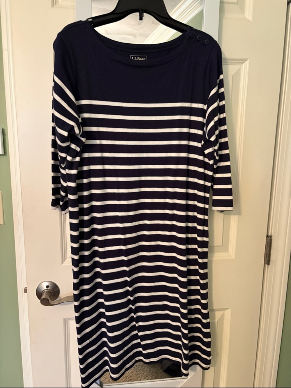 L.L. Bean Navy & White Striped Boatneck Midi Dress